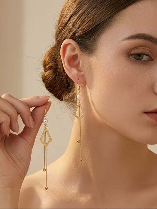 The Unbranded Brand Jewelry - Gold Geometric Drop Earrings with Pearl Accent